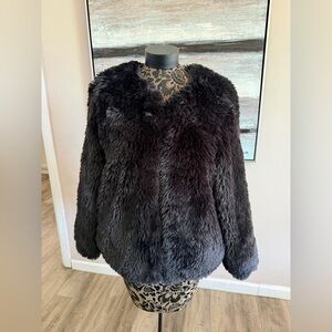 Simply Vera Vera Wang Black Faux Fur Shaggy Jacket Coat Womens Large Collarless